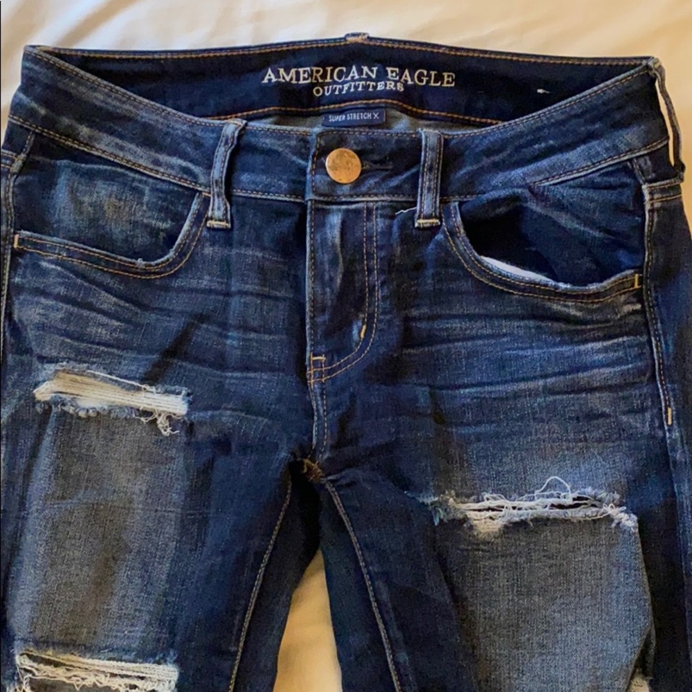 american eagle, high waisted, skinny ripped jeans